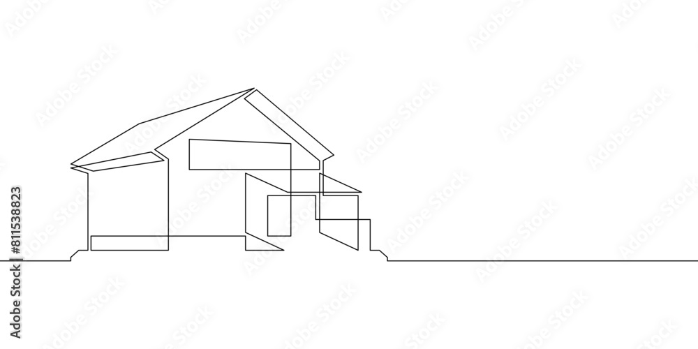 One continuous line.Modern minimalistic house. Residential building for a family. Architectural concept of a fashionable residential building.Architectural concept of a trendy residential building.Con