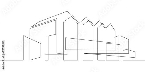 One continuous line.Continuous line drawing.Modern minimalist home. Residential city house. Architectural concept of the building.Line Art isolated white background.