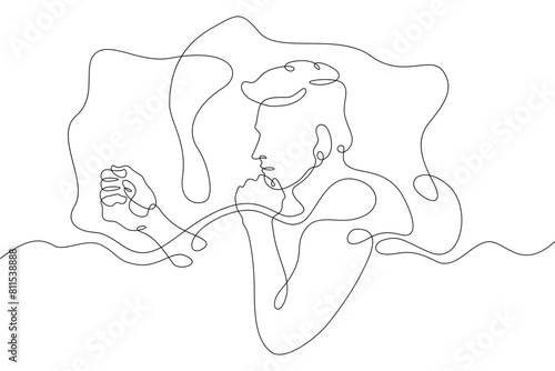 One continuous line. Man sleeps under a blanket. The boy fell asleep on the pillow. Male character is napping in bed.Continuous line drawing.Line Art isolated white background.