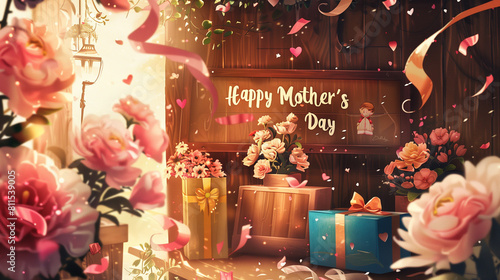 Celebrate Mother's Day with Flowers, Gifts, and Colorful Confetti in a Heartwarming Illustration © Yiwen