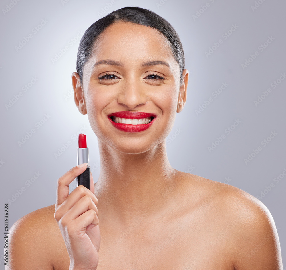 Woman, lipstick and studio with closeup, smile and portrait for cosmetic or makeup. Cosmetology, face and skincare for facial treatment with tool, product and lip application for female person Woman, lipstick and studio with closeup, smile and portrait for cosmetic or makeup. Cosmetology, face and skincare for facial treatment with tool, product and lip application for female person