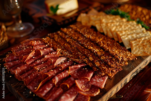 many different kinds of meat on wood boards near bread sticks