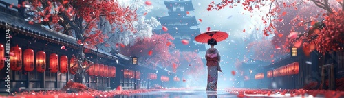 A geisha gracefully standing in a serene garden surrounded by cherry blossoms