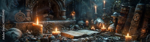 A hag nestled by the hearth, surrounded by mystical artifacts and ancient texts photo