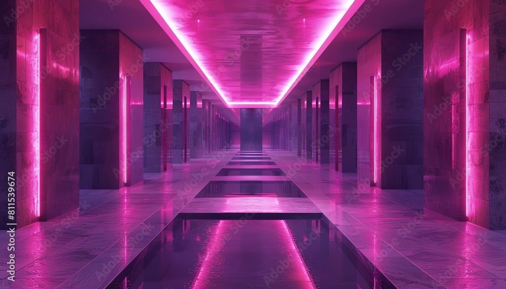 A surreal interpretation of a funeral home with magenta accents and futuristic undertones A surreal interpretation of a funeral home with magenta accents and futuristic undertones