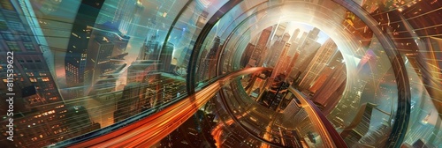 digital artwork showing a metropolis with quantum tunneling transits