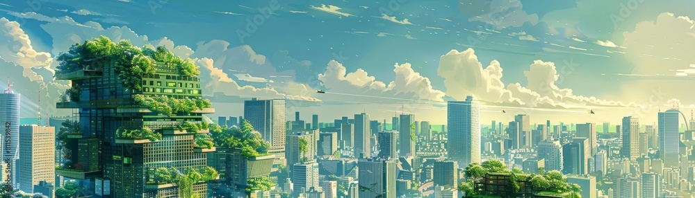 digital illustration of a cityscape with giant vertical farms and sky gardens, featuring a tall building and a green tree in the foreground