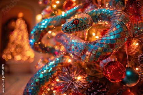 Python Entwined in Festive Christmas Tree Decorations with Warm Glowing Lights