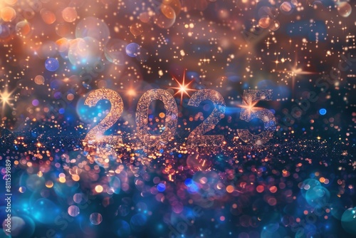 Futuristic 2025 new year celebration concept with glowing stars on a cosmic background