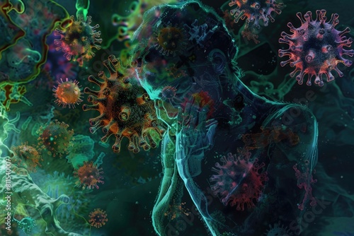 Artistic visualization of a person in despair amidst an onslaught of vividly rendered virus particles, pandemic theme