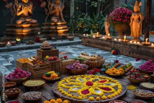 vibrant Diwali celebration in a rustic wooden setting, featuring wooden diyas, intricate rangoli, trays of sweets, and statues of Hindu gods and goddesses