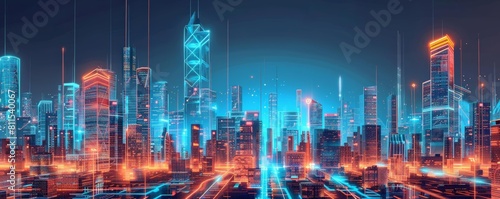 digital illustration of a cityscape with graviton - powered infrastructure, featuring a towering skyscraper, a bustling street, and a bustling river