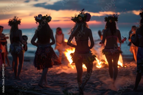 Midsummer Festival on a beach with bonfires, floral wreaths, and rhythmic dancing at sunset