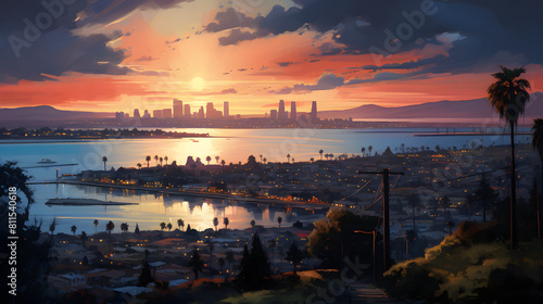 outdoor city sunset view landscape background poster decorative painting  © Wu