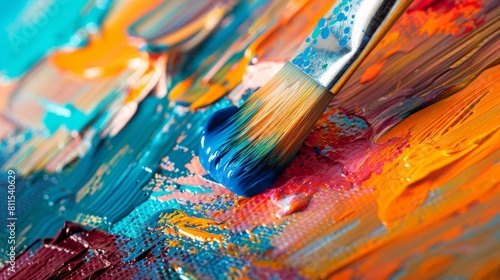 A closeup of a paintbrush loaded with vibrant acrylic paint, leaving a textured stroke on a rough canvas paper background