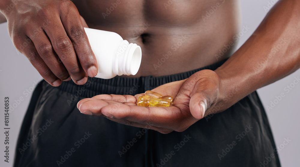 Hands, supplements and bodybuilder man with pills for choice, decision or routine by white background. Person, athlete and medicine or drugs, pharmaceutical or product for healthy muscle growth Hands, supplements and bodybuilder man with pills for choice, decision or routine by white background. Person, athlete and medicine or drugs, pharmaceutical or product for healthy muscle growth