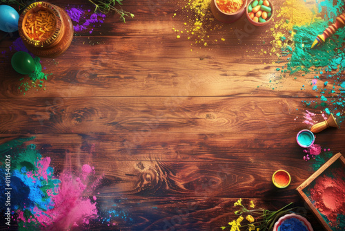 Holi Festival Scene with Colorful Powders, Water Balloons, and Cultural Symbols on a Wooden Background photo