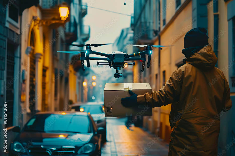 A man carrying a package in an alleyway with a drone. A man carrying a package in an alleyway with a drone.