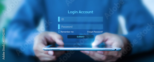 Hand touching login username and password icon for safety internet security access or user sign registration menu for social media member verification personal information account submit register. photo