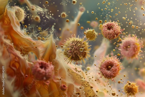 A microscopic battlefield scene of polluted air  featuring pollen grains bursting open  releasing allergens and triggering the human immune systems response