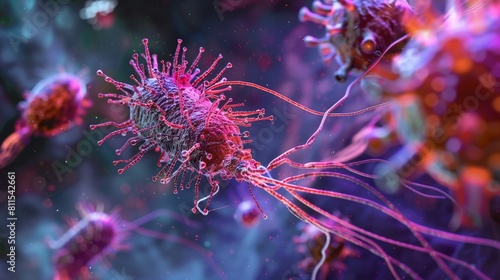 A microscopic image of a bacteriophage virus attacking a bacterial cell, with long tendrils wrapping around the host photo