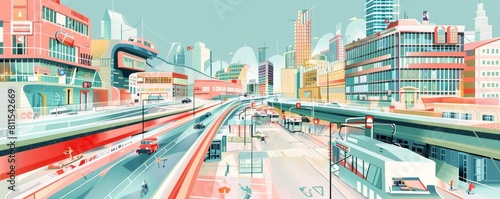 digital illustration of an urban center with mind - controlled transportation featuring a red building  a blue train  and a tall building against a blue sky