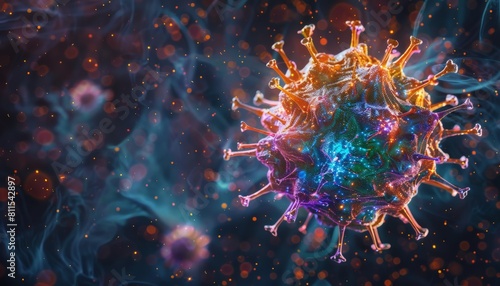 A microscopic view of a single, brightly colored virus particle with a spiky outer shell, floating in a dark void photo
