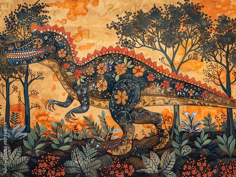 Obraz premium Traditional Madhubani Bharni painting featuring a majestic Trex, gracefully integrated into a forest scene under a clear sky and serene atmosphere