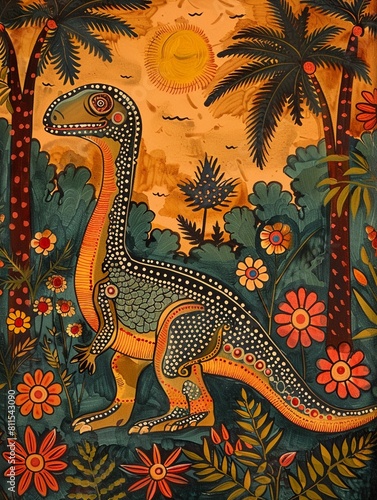 Majestic Trex depicted in a thick forest setting  clear sky above  painted in the graceful Madhubani Bharni traditional style