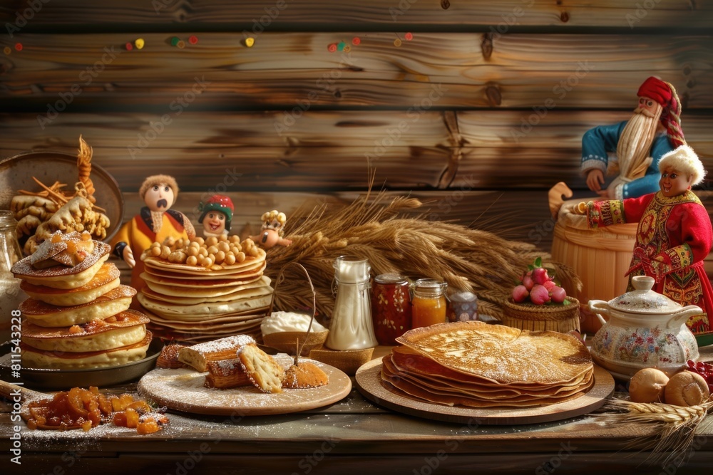 Vibrant Maslenitsa celebration with traditional Russian food and folk activities.