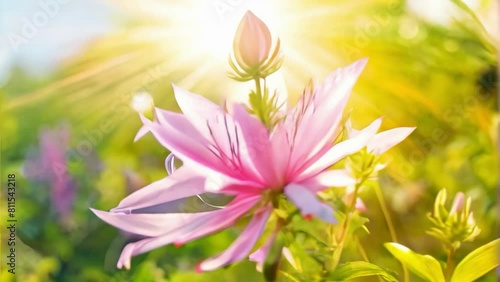 Blooming Spider Flower or Cleome Espinosa against the Sun in a morning: photo
