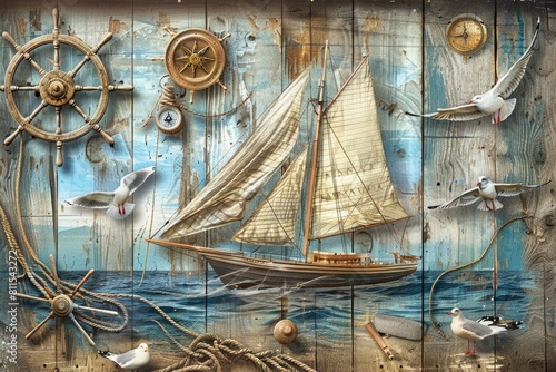 Serene sailing scene with a sailboat  seagulls  and nautical elements on wood.