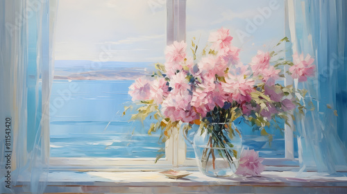 Dreamy window sill and flower arrangement coast landscape oil painting background poster decoration painting