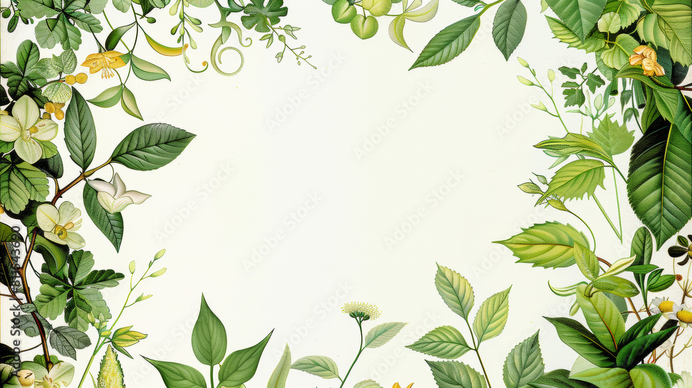 A green leafy background with a white frame