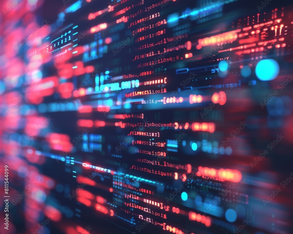 A photorealistic closeup of a computer screen displaying complex code and algorithms working behind the scenes to sort and organize big data A photorealistic closeup of a computer screen displaying complex code and algorithms working behind the scenes to sort and organize big data