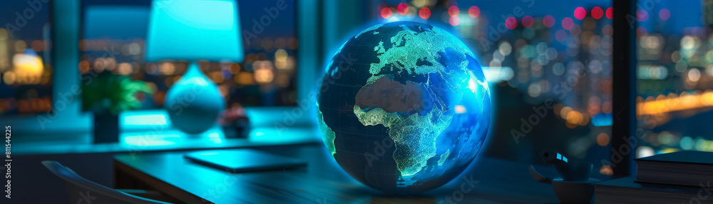 Obraz premium A photorealistic image of a blue and green globe levitating in midair, casting a soft shadow on a minimalist white background
