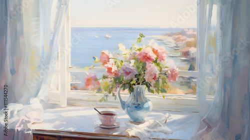 Dreamy window sill and flower arrangement coast landscape oil painting background poster decoration painting