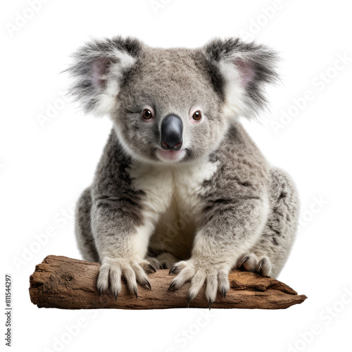 Cute and cuddly koala sitting on a branch  looking at the camera with its big  round eyes.