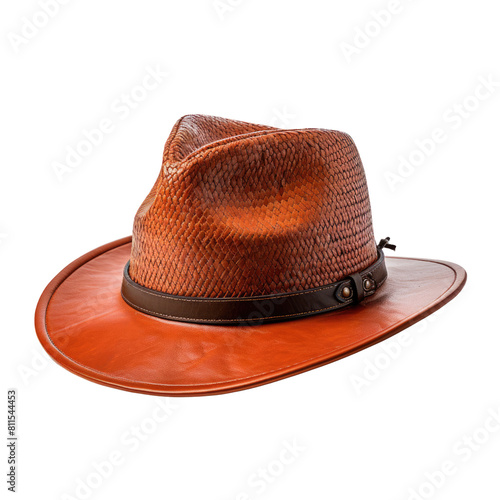 The image shows a brown leather cowboy hat with a wide brim and a brown leather band around it. On transparent background