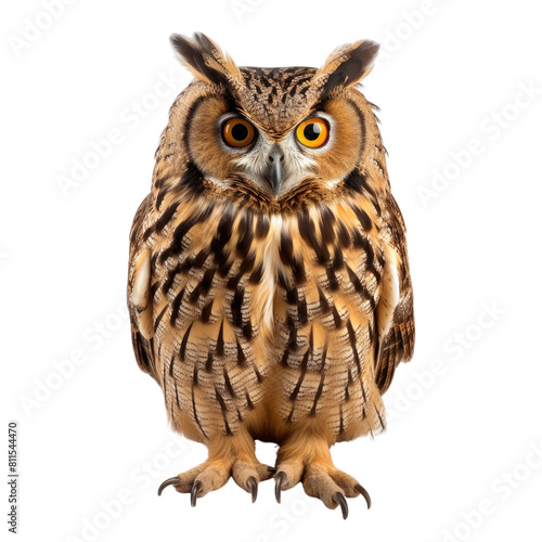 The image shows an owl with big yellow eyes, brown feathers, and sharp talons.