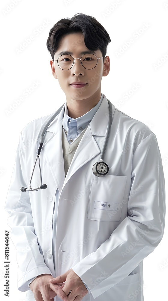 A Korean male doctor is standing facing forward. A Korean male doctor is standing facing forward.