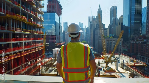 engineer in a yellow vest and hardhat overlooking the construction site , © aiman