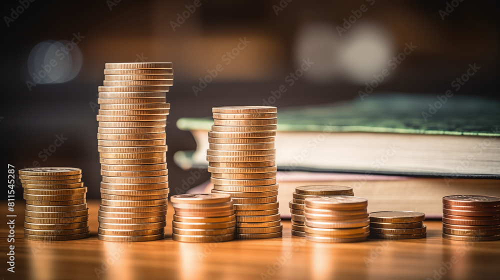 Stack of coins money with account book, Finance and banking concept background. Stack of coins money with account book, Finance and banking concept background.