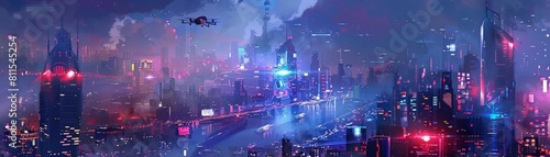 digital painting of a futuristic city with drone delivery, featuring a towering skyscraper, a bustling street, and a bustling river photo