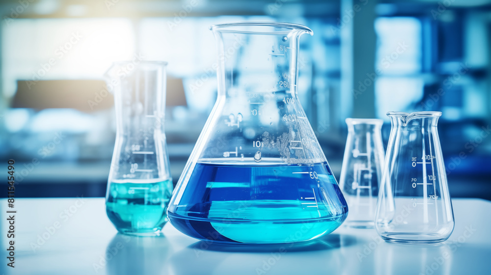 Beaker and flask glass in chemistry blue science laboratory background. Beaker and flask glass in chemistry blue science laboratory background.