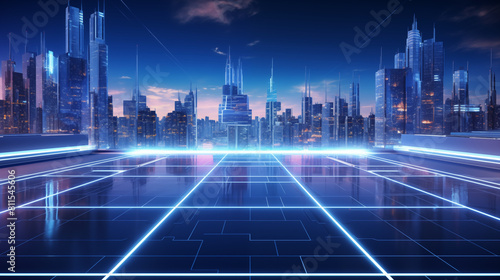 Rooftop and skyscrapers with wireframe hologram, Futuristic city