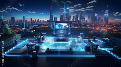 Rooftop with concrete terrace, digital holograms optimizing business processes at night.