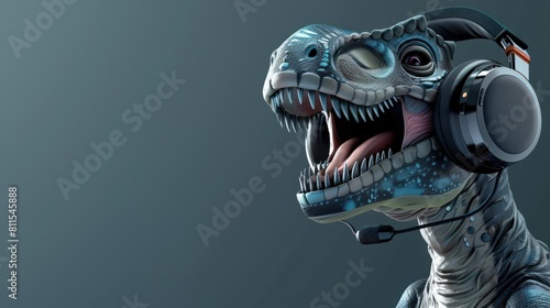 Fototapeta Naklejka Na Ścianę i Meble -  Cute cyborg dinosaur with headset is roaring. music concept. AI generated image