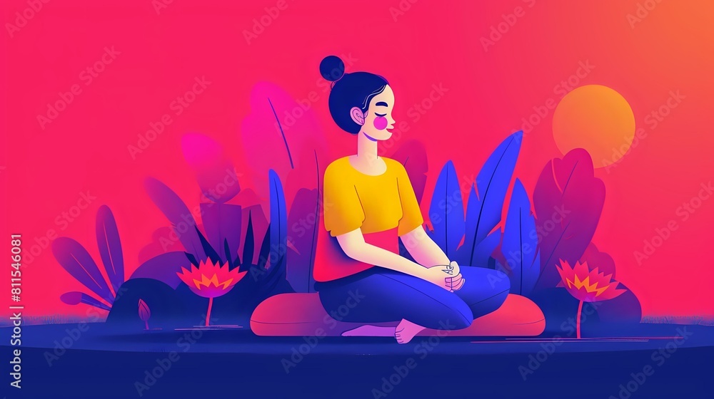 Tranquil woman achieving peace through meditation practice