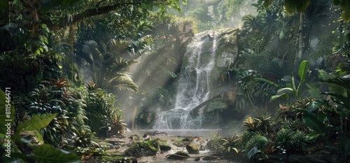 Scenic waterfall in front of a beautiful landscape, nature view, created with AI © Timeless_art